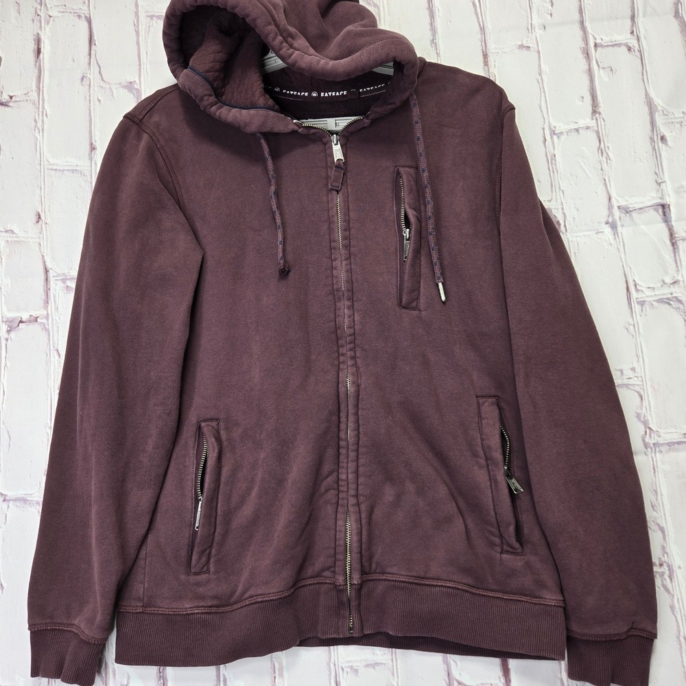 FatFace Full Zip Hoodie Burgundy Fleece Lined 100% Cotton Sweatshirt Men Small